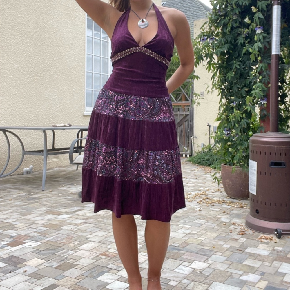 One of a kind faux velvet plum y2k midi dress